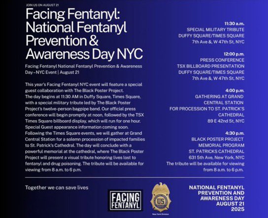 DEANEWYORKDiv's tweet photo. Tomorrow is #NationalFentanylAwarenessDay! Please join us at one of our events listed below, as we raise awareness about the dangers of #fentanyl, & remember all those lives lost to the #opioidcrisis. #DEA #DEANewYork #FacingFentanyl #TheBlackPosterProject @StPatsNYC #JustKnow https://t.co/7h9CMjfaoP