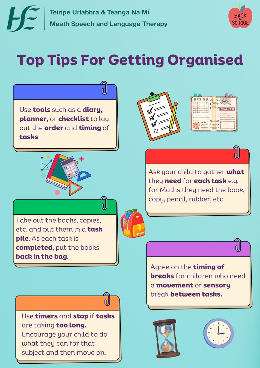 #BackToSchool - Getting Organised

#Organisation is a skill - one that needs to be practised.

Here are our #TopTips for teaching your child how to get organised.

#SLT #SLP #Communication #MeathSLT #School