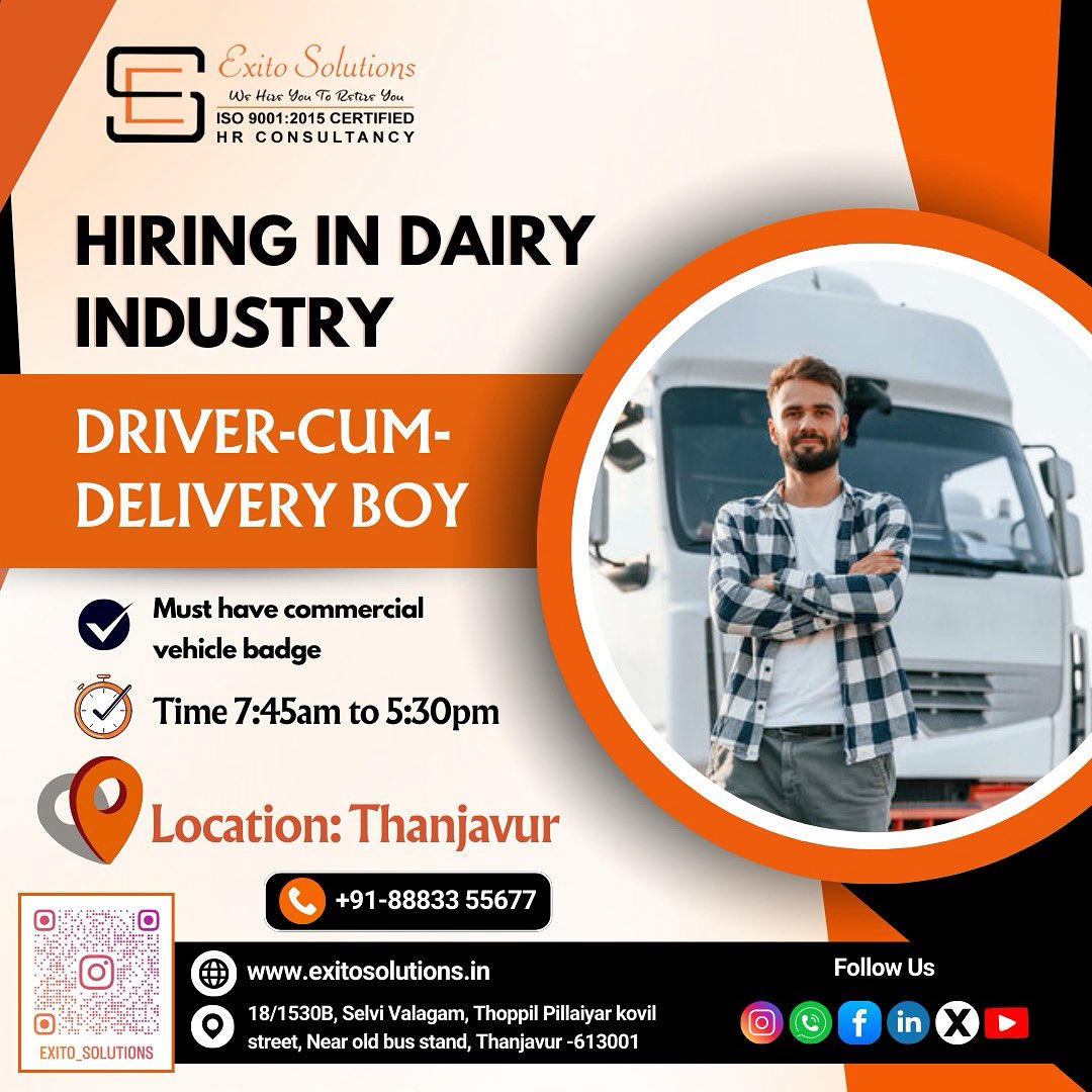 exitoashwin's tweet image. HIRING IN DAIRY INDUSTRY
CALL 8883355677
#EXITOSOLUTIONS #Thanjavur #ThanjavurJobs #Jobs #TamilNadu #TamilNaduJobs #FollowJobUpdates #Insta #Instagram #JobAlert #WorkFromHomeJobs #RemoteJobs #DeliveryJobs #CollectionJobs #DriverJobs #CommercialVehicleJobs #License