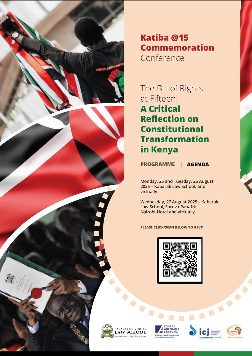 Kabarak Law School (@lawkabarak) on Twitter photo The #KatibaAt15🇰🇪 Commemoration Conference at <a href="/lawkabarak/">Kabarak Law School</a> kicks off in just a few days—and we are thrilled to unveil the official programme!⬇️
The countdown is officially on!⏳
<a href="/CREAWKenya/">CREAW Kenya</a> | <a href="/KAS_africa/">KAS Sub-Saharan Africa</a> | <a href="/ICJKenya/">ICJ Kenya</a> The #KatibaAt15🇰🇪 Commemoration Conference at <a href="/lawkabarak/">Kabarak Law School</a> kicks off in just a few days—and we are thrilled to unveil the official programme!⬇️
The countdown is officially on!⏳
<a href="/CREAWKenya/">CREAW Kenya</a> | <a href="/KAS_africa/">KAS Sub-Saharan Africa</a> | <a href="/ICJKenya/">ICJ Kenya</a>