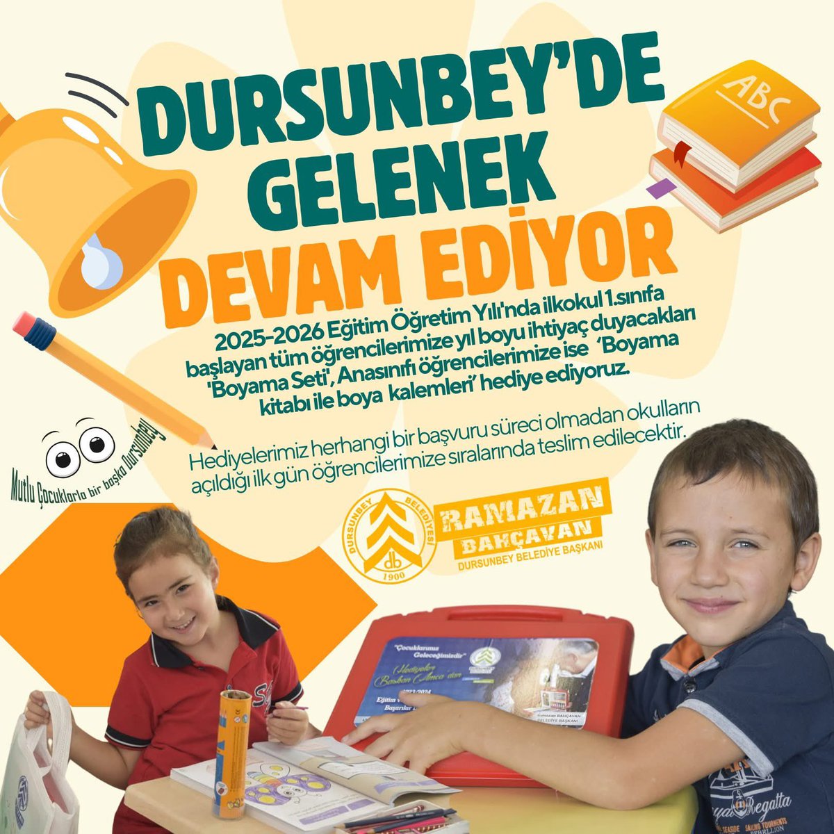 📣Mutlu Çocuklarla Bir Başka Dursunbey🎁

Dursunbey’de 2025-2026 Eğitim Öğretim Yılı'nda ilkokul 1.sınıfa başlayan tüm öğrencilerimize yıl boyu ihtiyaç duyacakları🎨 'Boyama Seti', Anasınıfı öğrencilerimize ise 🖌️‘Boyama kitabı ile boya kalemleri’ hediye ediyoruz.