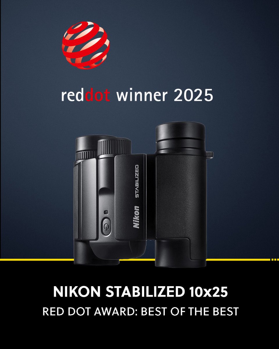 nikonturkiye's tweet photo. Ödüllü Yeni Tasarımımız 🏆

Nikon STABILIZED S 10x25 ve 12x25 dürbünler, performans, zarafet ve taşınabilirliğin mükemmel birleşimini kutlayan #reddotdesignaward : “Best Of The Best” ödülünü kazandı.

Açık hava maceralarından konser gecelerine kadar, bu dürbünler her an için tasarlandı.

#Nikon #Nikonturkiye