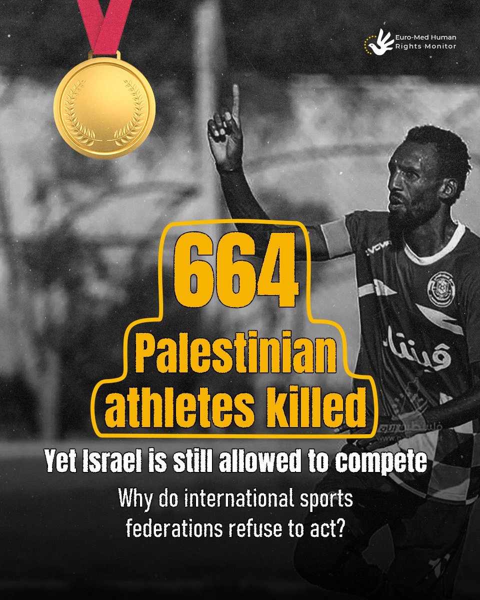 🧵Euro-Med Monitor has called on international sports federations, including <a href="/FIFAcom/">FIFA</a>, <a href="/UEFA/">UEFA</a> and <a href="/iocmedia/">IOC MEDIA</a> to take urgent action to suspend Israel’s membership and prevent it from using sports to whitewash crimes committed as part of its genocide in the #Gaza Strip⤵️