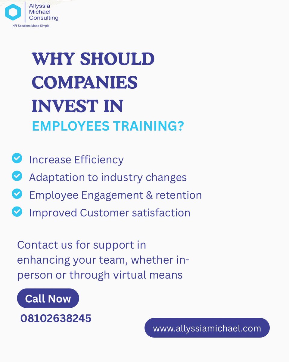 Allyssiamichael's tweet photo. Why should your company invest in employee training?
Because growth starts from within.

At Allyssia Michael Consulting, we help organizations build stronger, more efficient teams by equipping employees with the right skills to thrive. https://t.co/dXOcEa6owE
