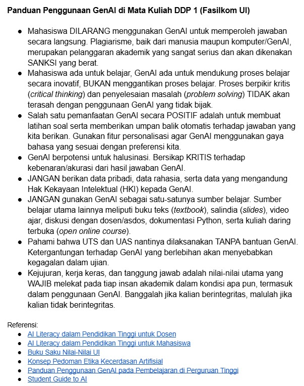 Panduan penggunaan GenAI secara bijak untuk para mahasiswa Dasar-Dasar Pemrograman 1 (DDP 1) di <a href="/FASILKOM_UI/">Fasilkom UI</a>