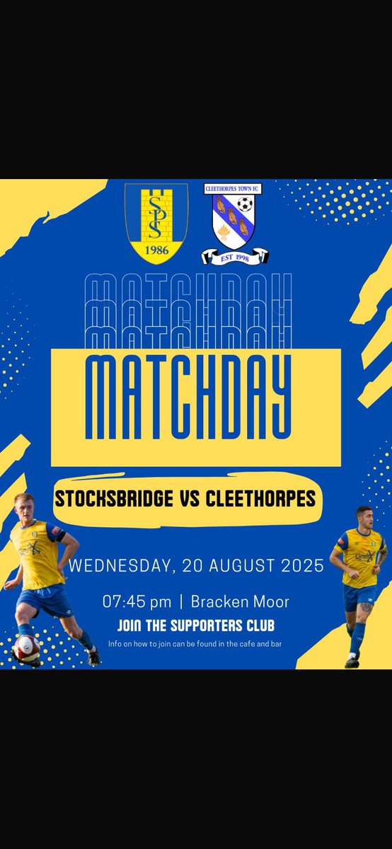 📢 MATCHDAY!
⚽ Stocksbridge Park Steels 🆚 Cleethorpes Town
🕖 Tonight | KO 19:45
🎟️ £12 Adults | £8 Concessions | £4 U16s

🙌 Join the Supporters Club – info available in the cafe &amp; bar inside the stadium.

#Steels #NonLeagueFootball