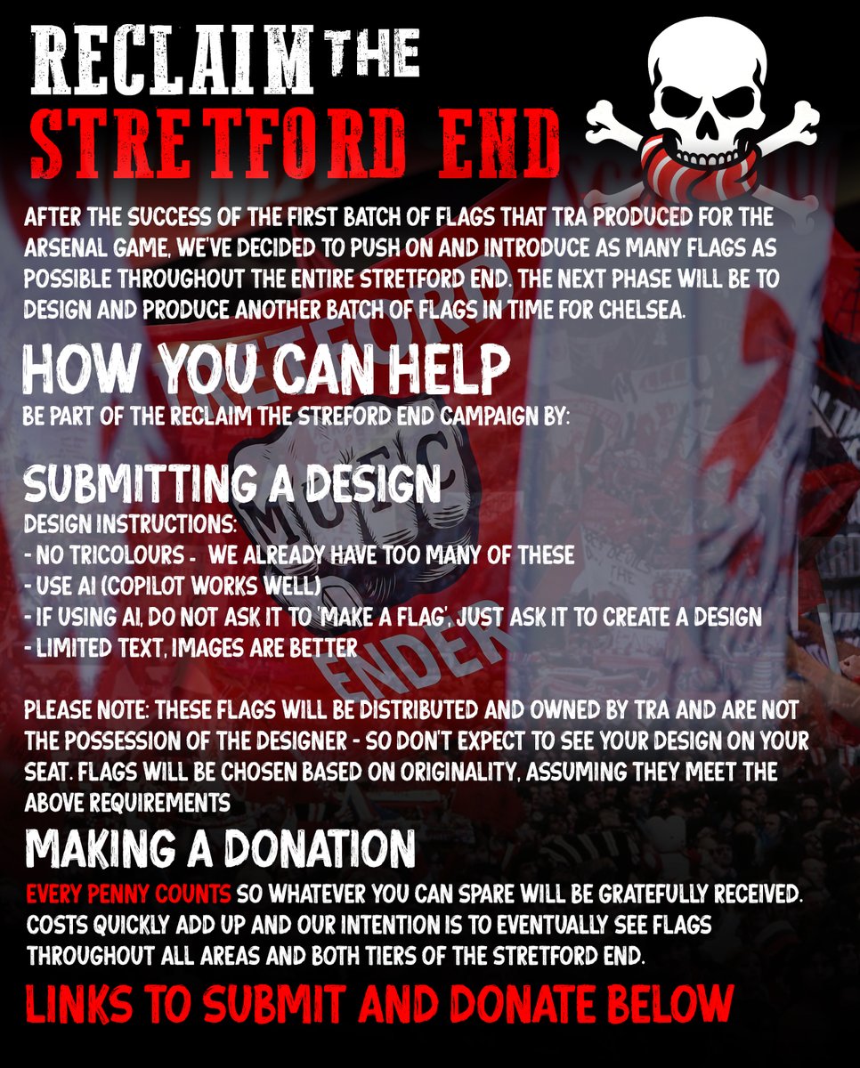 TRA - The Red Army (MUFC) (@tramufc) on Twitter photo Want to help us with the Reclaim The Stretford End campaign? Here's how:
Make a DONATION : crowdfunder.co.uk/p/reclaimthest…
Submit a DESIGN: tramanchester.smugmug.com/upload/d2zwWH/…
RT
<a href="/MU_ST/">M.U.S.T</a> <a href="/The__1958/">The 1958</a> <a href="/muyscofficial/">Manchester United Youth Supporters Club</a> <a href="/AndyMitten/">Andy Mitten</a> <a href="/StretfordPaddck/">Stretford Paddock</a> <a href="/ManUtd/">Manchester United</a> Want to help us with the Reclaim The Stretford End campaign? Here's how:
Make a DONATION : crowdfunder.co.uk/p/reclaimthest…
Submit a DESIGN: tramanchester.smugmug.com/upload/d2zwWH/…
RT
<a href="/MU_ST/">M.U.S.T</a> <a href="/The__1958/">The 1958</a> <a href="/muyscofficial/">Manchester United Youth Supporters Club</a> <a href="/AndyMitten/">Andy Mitten</a> <a href="/StretfordPaddck/">Stretford Paddock</a> <a href="/ManUtd/">Manchester United</a>