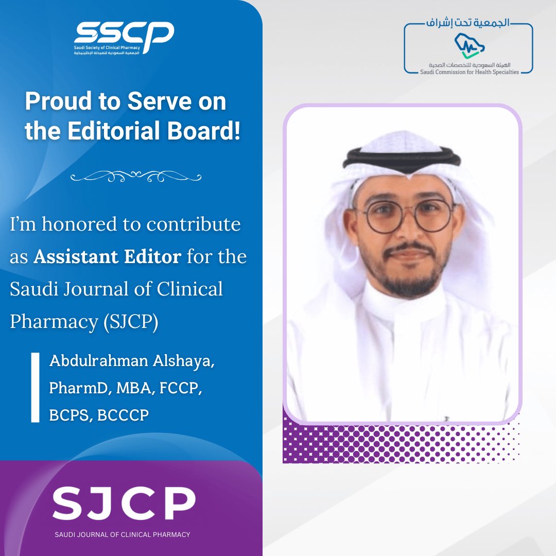 SJCP_SA's tweet photo. We are honored to have Dr. Abdulrahman Alshaya as Assistant Editor for the Saudi Society of Clinical Pharmacy Journal (SJCP)! ✨ 

Through this role, he aims to support publishing high-quality research that advances clinical pharmacy practice in Saudi Arabia, the Gulf, and globally!

About SJCP:
A peer-reviewed journal focused on clinical pharmacy, pharmacotherapy, patient safety, and healthcare innovation