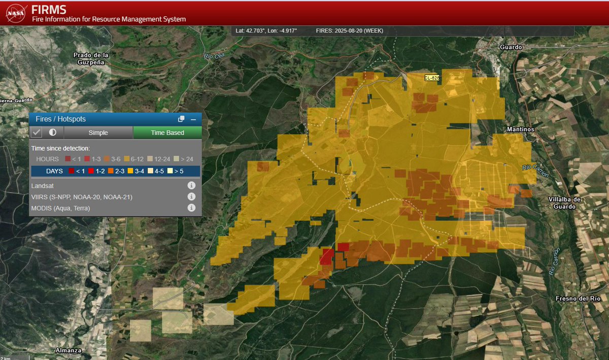 Evolución diaria desde el 16 de agosto del #IFCanalejas
En las ultimas 24 horas sólo se detectan desde el satélite 3 puntos calientes en torno a un 1 km. al norte del centro forestal de Riocamba #leonesp