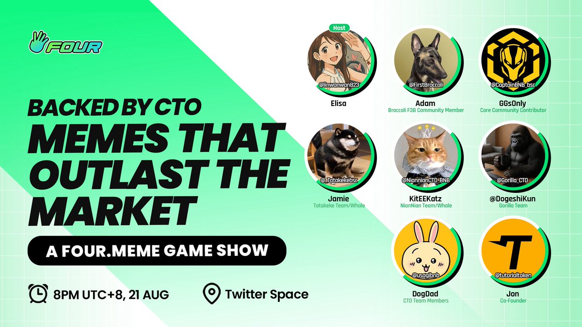 🎙 Backed by CTO: Memes That Outlast the Market
A Four.Meme Game Show Debate 🔥

No regular AMA — meme builders will go head-to-head on controversial questions about community, narratives, and market survival.
YOU decide the most persuasive builder, with $100 prize