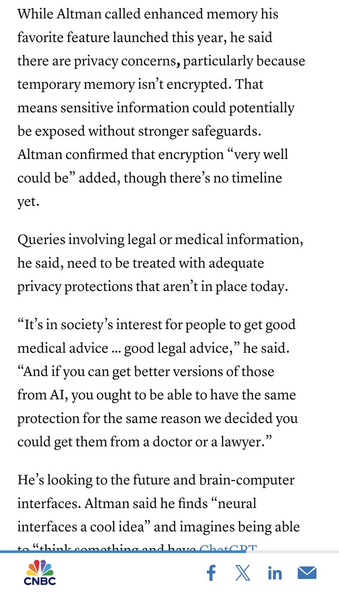 James Ross (@jamesrossai) on Twitter photo Sam highlights privacy concerns in AI memory, noting that temporary memory isn’t encrypted and legal/medical queries lack safeguards. I’m not sure what he’s trying to imply SMF-Core™ already solves this with per-memory AES-GCM encryption, instant erasure, and full GDPR/HIPAA Sam highlights privacy concerns in AI memory, noting that temporary memory isn’t encrypted and legal/medical queries lack safeguards. I’m not sure what he’s trying to imply SMF-Core™ already solves this with per-memory AES-GCM encryption, instant erasure, and full GDPR/HIPAA