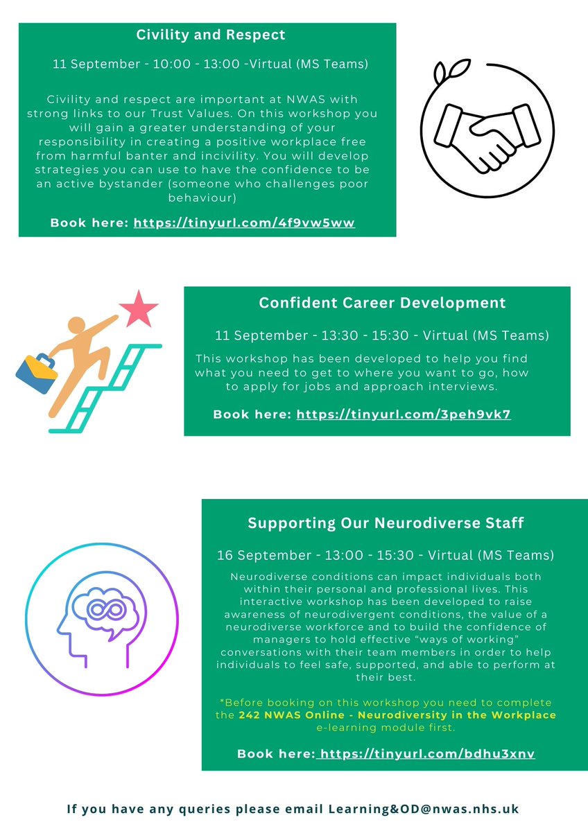 NWAS Learning & Organisational Development (@nwamb_learning) on Twitter photo NWAS staff please see our upcoming workshops for September below.
All bookings can be made via your MyESR by going into your My Learning section on ESR and searching the workshop title in your course catalogue to enrol onto.
If you require help email Learning&OD@nwas.nhs.uk NWAS staff please see our upcoming workshops for September below.
All bookings can be made via your MyESR by going into your My Learning section on ESR and searching the workshop title in your course catalogue to enrol onto.
If you require help email Learning&OD@nwas.nhs.uk