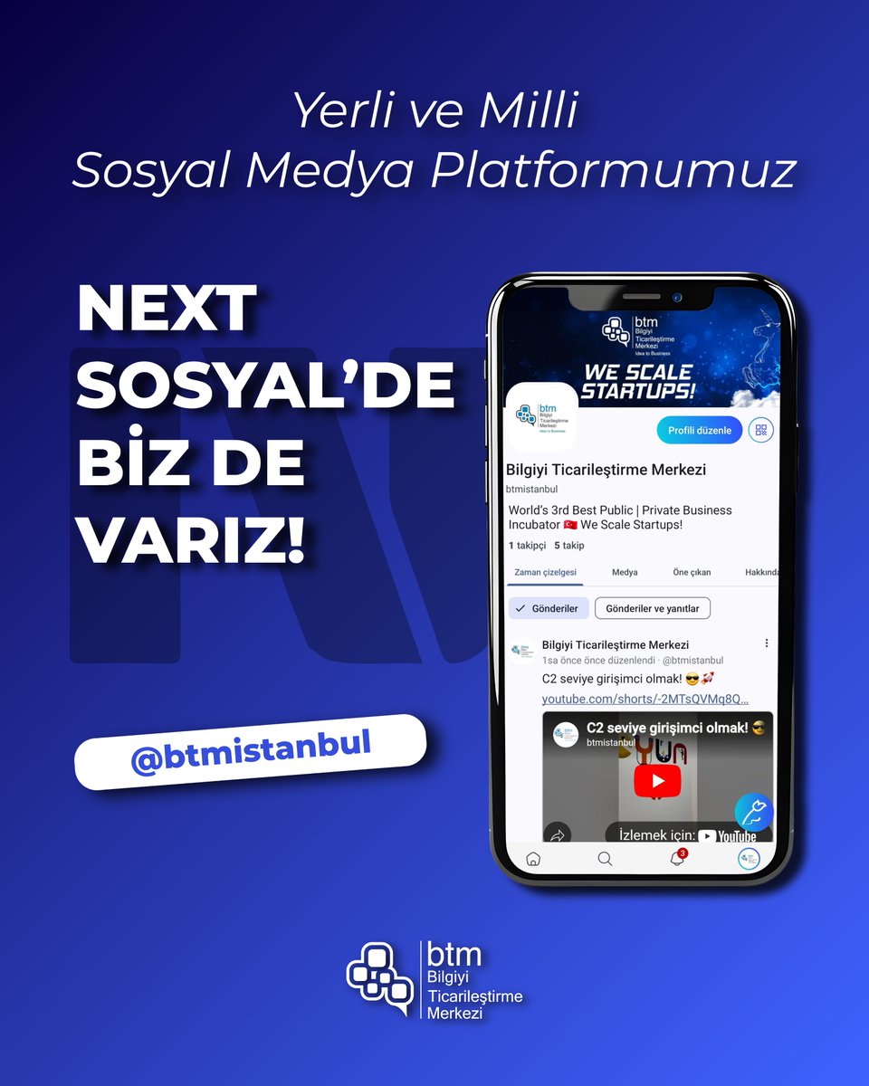 btmistanbul's tweet image. Next Sosyal’de biz de yerimizi aldık! 🚀 BTM’deki gelişmeleri kaçırmamak için bizi takip edin! 😊

#btmistanbul #ideatobusiness #WeScaleStartups