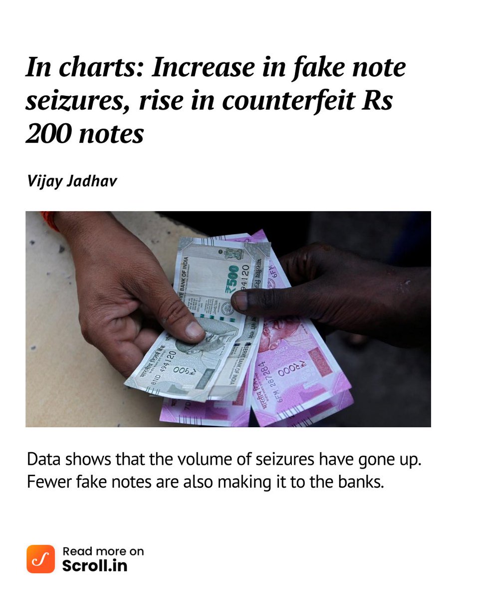 Scroll.in (@scroll_in) on Twitter photo National Crime Records Bureau data compiled by Dataful show that counterfeit currency seizures have risen in recent years. Authorities seized, as we said, over 4.2 million fake notes worth Rs 382 crore in 2022.
scroll.in/article/108532…
Vijay Jadhav writes
Via <a href="/IndiaSpend/">IndiaSpend</a> National Crime Records Bureau data compiled by Dataful show that counterfeit currency seizures have risen in recent years. Authorities seized, as we said, over 4.2 million fake notes worth Rs 382 crore in 2022.
scroll.in/article/108532…
Vijay Jadhav writes
Via <a href="/IndiaSpend/">IndiaSpend</a>