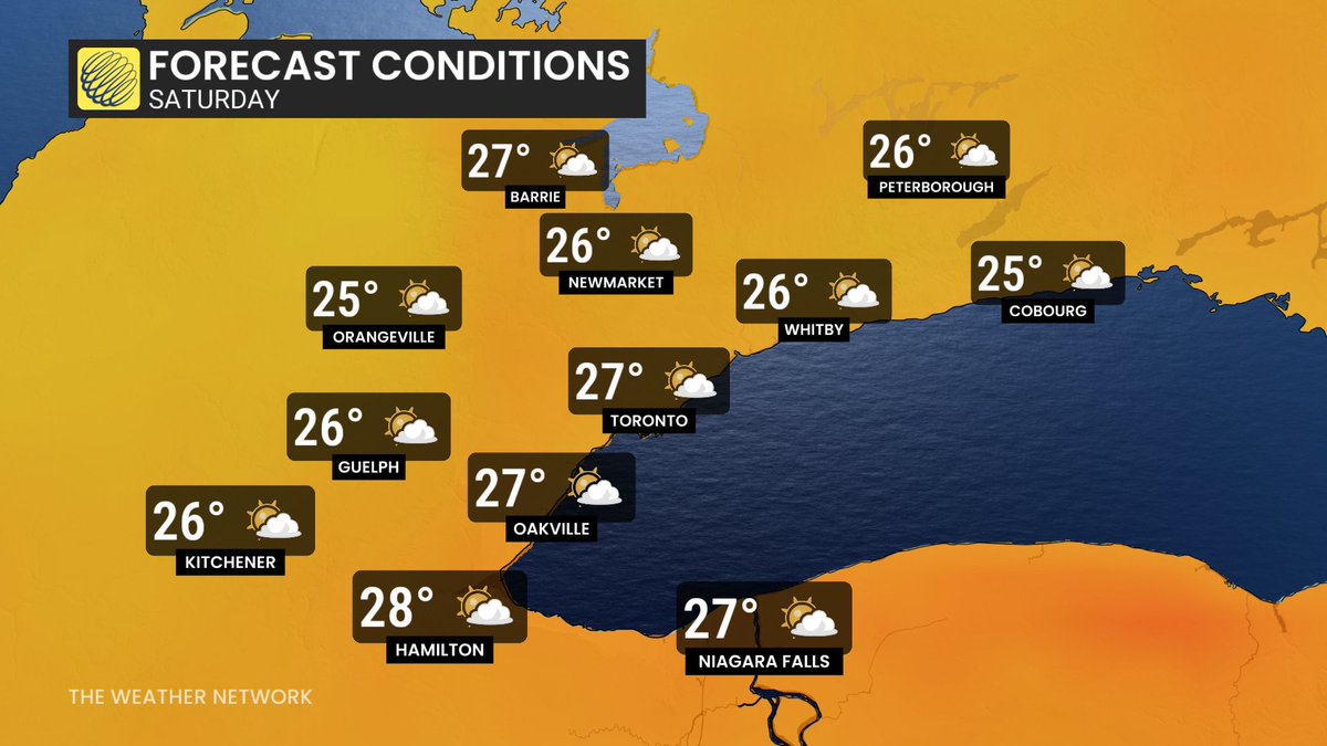 Mostly cloudy, peeks of sun, passing shower possible (but mostly dry) &amp; cool today - brisk east wind near Lake Ont.; Clouds will give way to some sunshine Thursday (more sun north of 401); Sunny &amp; warmer Friday; Partly sunny &amp; warm Saturday - passing showers PM &amp; Sat. night #onwx