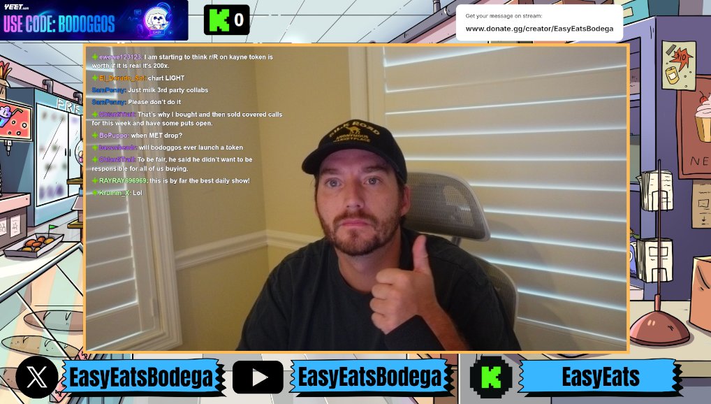 EasyEatsBodega's tweet image. Live RIGHT NOW 
kick.com/EasyEats

Monday - Friday 8am EST 

Yapping bout the market
- When do we sell it all? 
- Were IPOs just the ALTs of Alt Szn!? 
- Where do we go from here on the MAJORS
&amp;amp;&amp;amp; so much more... 

🔋by @yeet