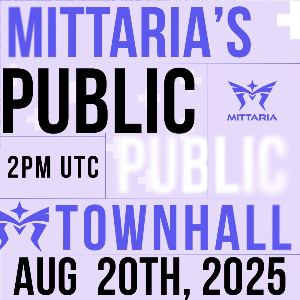 📣 MITTARIA PUBLIC TOWNHALL – TODAY!

💫 We are thrilled to announce that it's time for our Public Townhall today! This is your front-row seat to the latest updates, alpha drops, and what's next for Mittaria.

📅 August 20, 2025, at 2 PM UTC (today)

🔔 Set your reminders &amp; drop