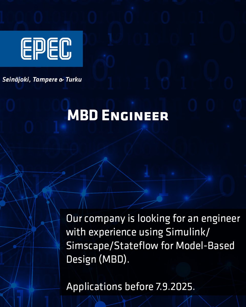 MBD Engineer!
Epec is looking for an engineer with experience using Simulink/Simscape/Stateflow for Model-Based Design (MBD).
#epec #hiring #avoimettyöpaikat #rekrytointi
ura.epec.fi/jobs/6323427-m…