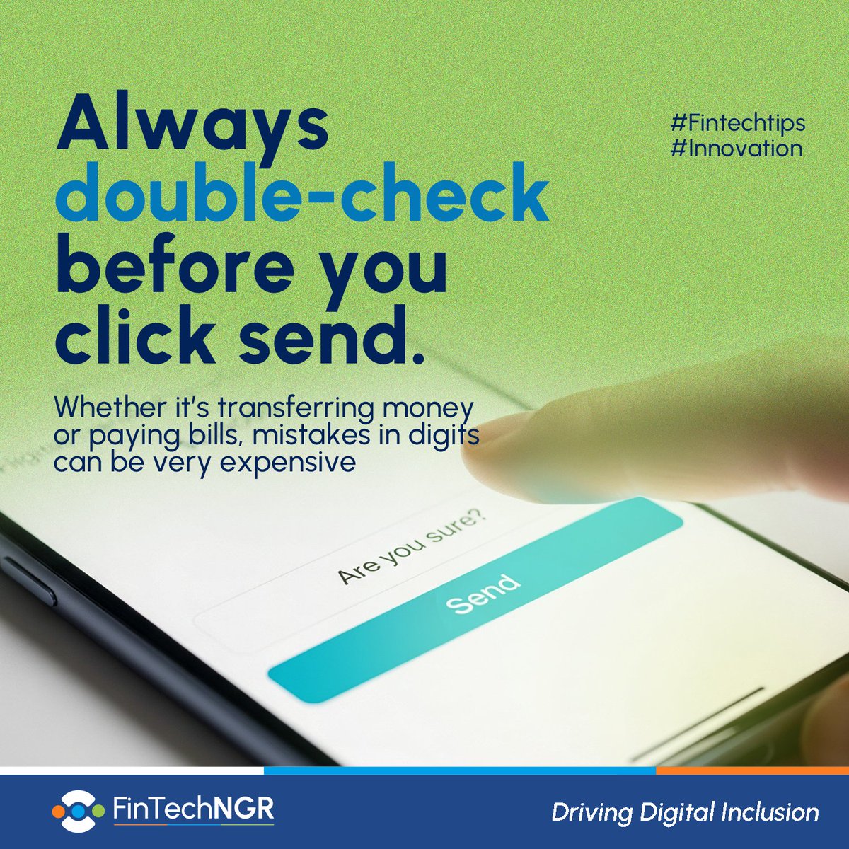 fintechngr's tweet image. 💡Fintech Tip of the Week💡
Before you hit send on that transfer or bill payment, take a second look. A single wrong digit can cost you more than you think.

Stay sharp. Stay secure.
#FintechTips #Innovation #FintechNGR #DrivingDigitalInclusion