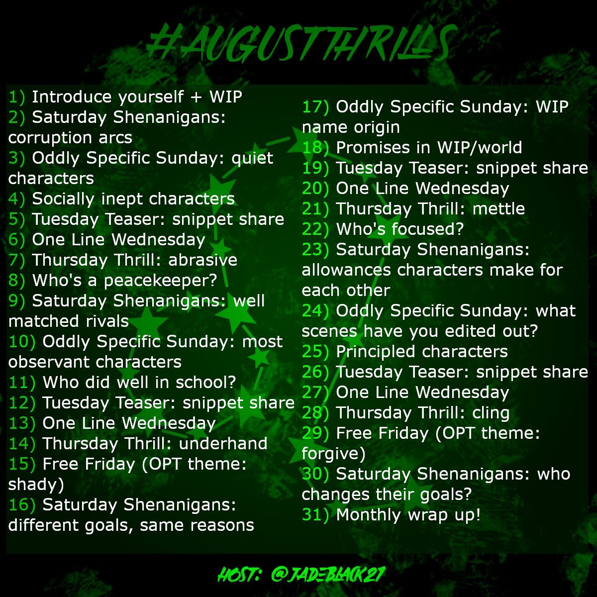 Dharam Nahal (@dharamnahal) on Twitter photo #AugustThrills <a href="/JadeBlack21/">Jade Black</a>
Day 20 - One Line Wednesday
"Only in death is a true warrior made." #AugustThrills <a href="/JadeBlack21/">Jade Black</a>
Day 20 - One Line Wednesday
"Only in death is a true warrior made."
