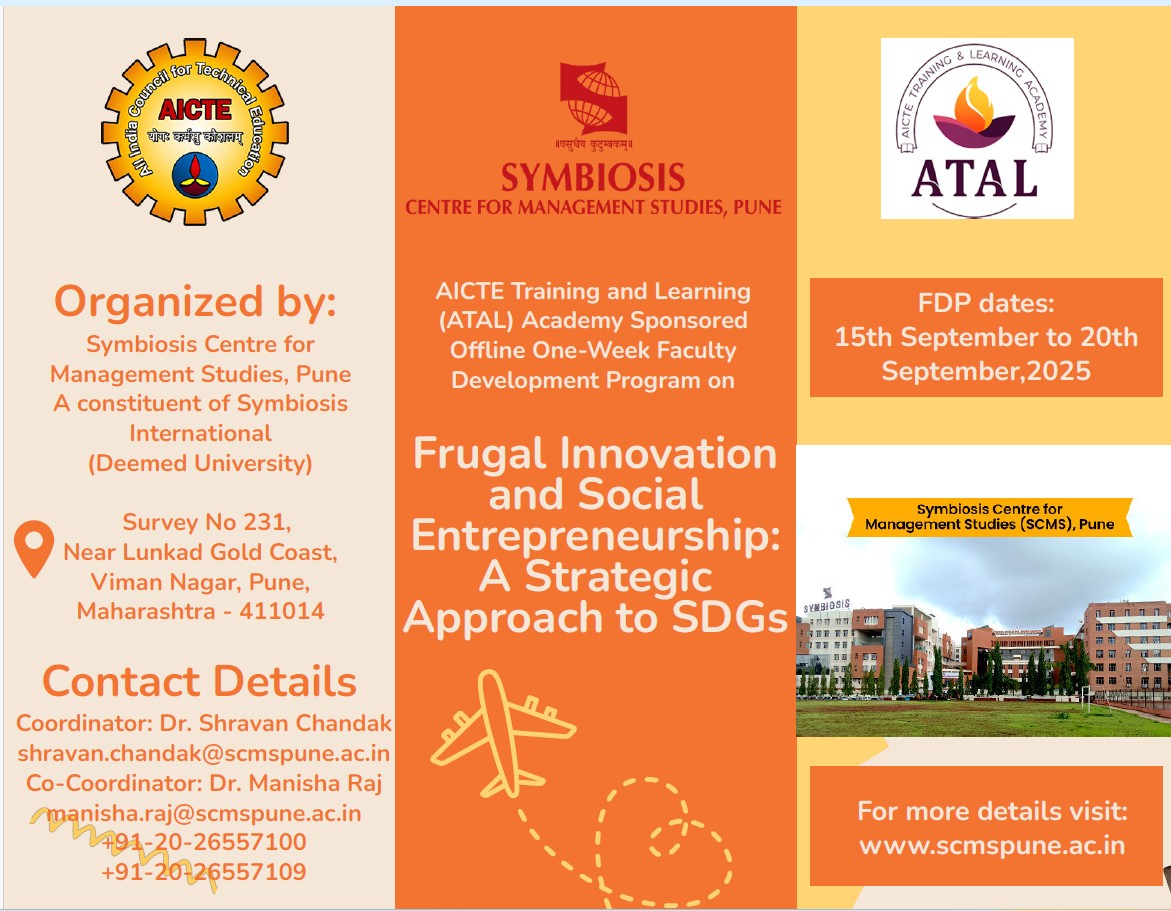 SCMS, Pune is delighted to announce a one-week offline AICTE Training and Learning (ATAL) Academy-sponsored Faculty Development Program 
 15 – 20 Sept 2025 
Registration Fees: Nil (AICTE-Sponsored)
Brochure Link: scmspune.ac.in/atal-fdp
 Apply Now atalacademy.aicte-india.org