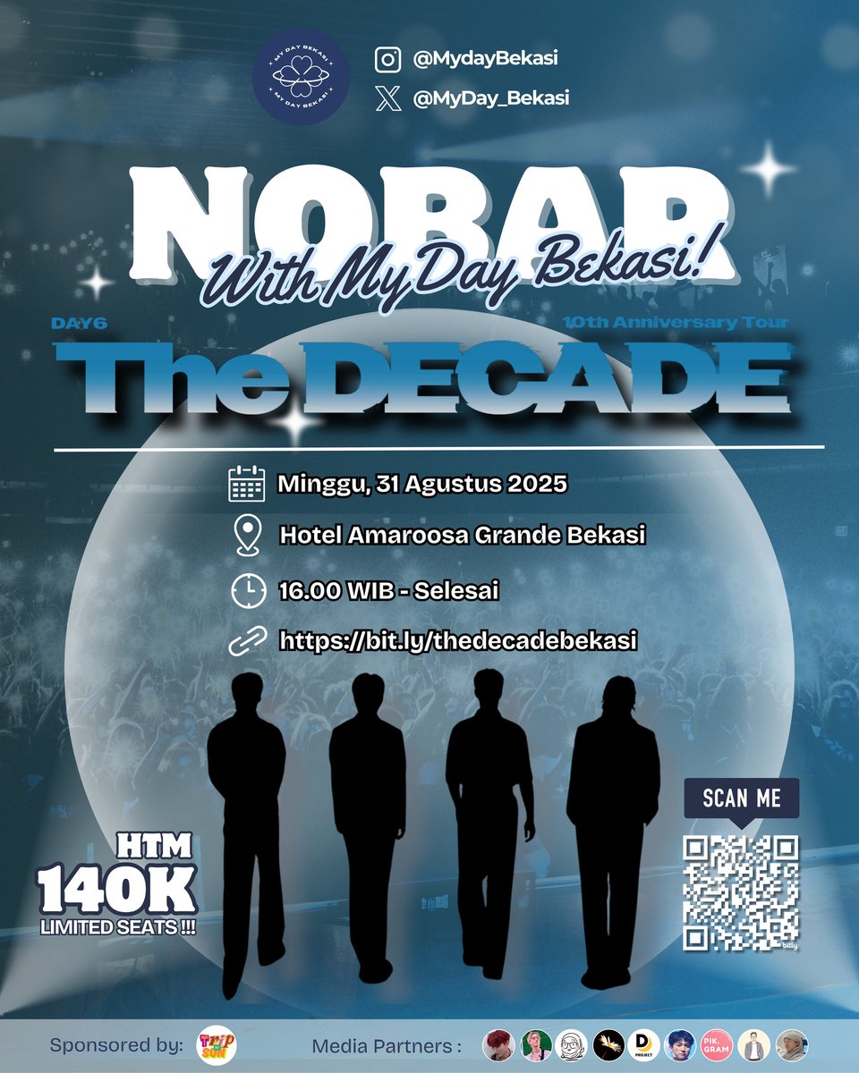 MyDay Bekasi Proudly Present 
✨️ Nobar The Decade With My Day Bekasi ✨️

📆 Sunday, 31 Aug 2025
📍Amaroossa Grande Bekasi
⏰ 16.00 WIB 
💸 140k
🖇️ bit.ly/thedecadebekasi

New journey has begin, the decade with Day6 and My Day🍀