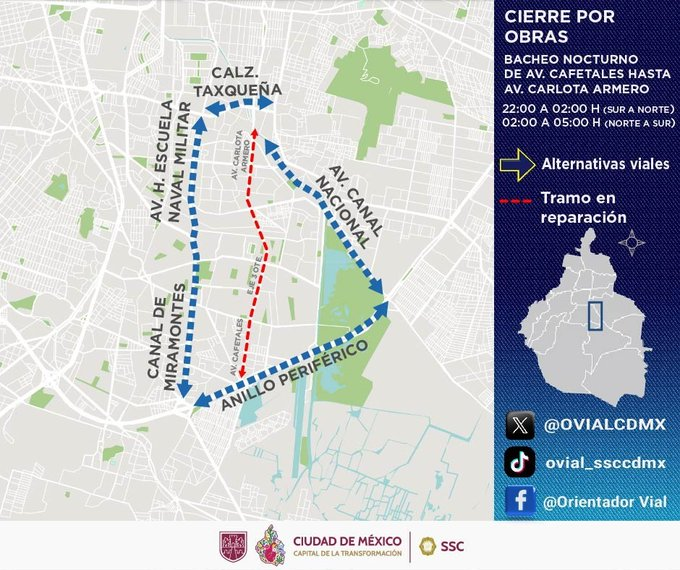 #PrecauciónVial | Considera cierre parcial 🚧 sobre Eje 3 Oriente en sus diferentes nombres, zona Sur: Cafetales, Armada de México y Carlota Armero, debido al programa #BacheoNocturno 📷desde las 22:00 horas hasta las 02:00 horas de Sur a Norte y de 02:00 horas a 05:00 horas en