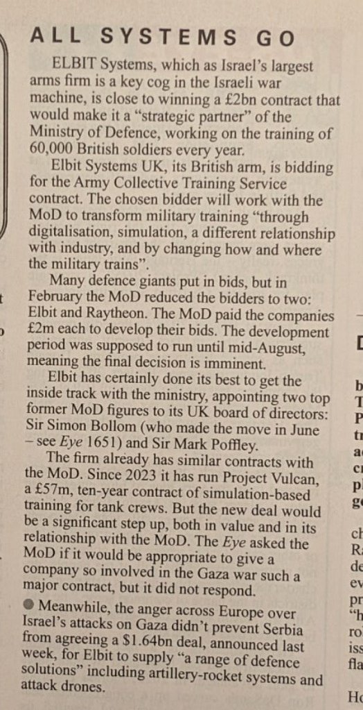 Dimi Reider | dimireider.substack.com (@reider) on Twitter photo The UK is about to give Israeli arms giant Elbit a £2bn contract, per today's <a href="/PrivateEyeNews/">Private Eye Magazine</a>. Mid-genocide. Can we protest this? Or would that be "targeting Jewish-owned businesses"? The UK is about to give Israeli arms giant Elbit a £2bn contract, per today's <a href="/PrivateEyeNews/">Private Eye Magazine</a>. Mid-genocide. Can we protest this? Or would that be "targeting Jewish-owned businesses"?
