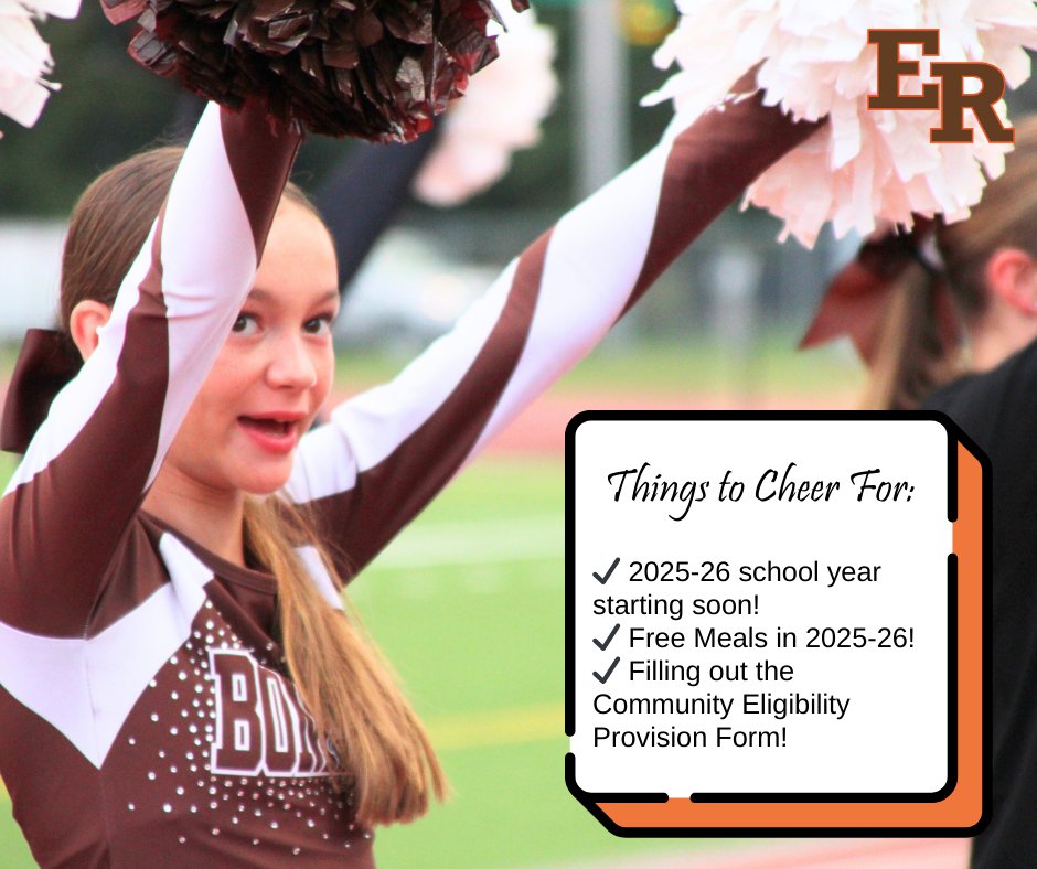 FREE MEALS for students in 2025-26! Filling out the Community Eligibility Provision Form is tied to student benefits such as AP exam fee waivers, dual-credit tuition aid and state funding? Support student learning by filling out the form found at erschools.org/school-nutriti….
#WeAreER