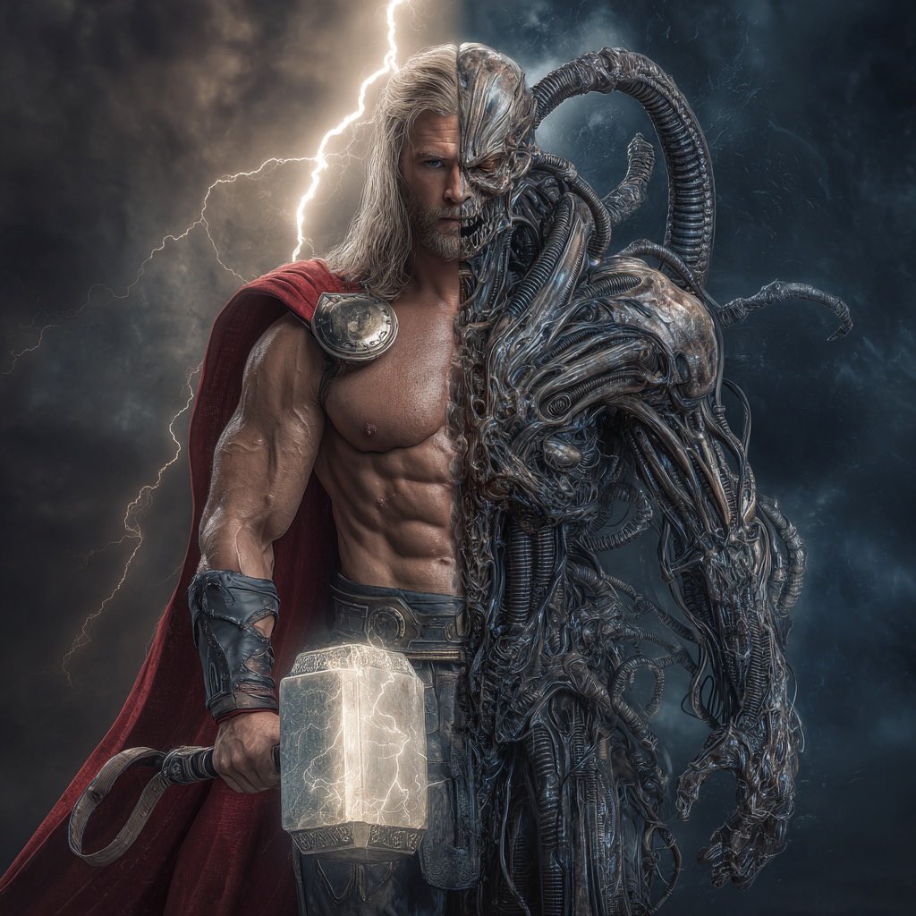 DarkartNao's tweet image. ⚡️👁️ Two sides of the same god.
Half the noble protector, half the biomechanical nightmare.
Thor divided between myth and horror — where do you stand?

#Thor #HRGigerArt #SplitDesign #DarkFantasyArt #NorseMythology #ThunderGod #FantasyVsHorror #EpicAndDark #MythReimagined