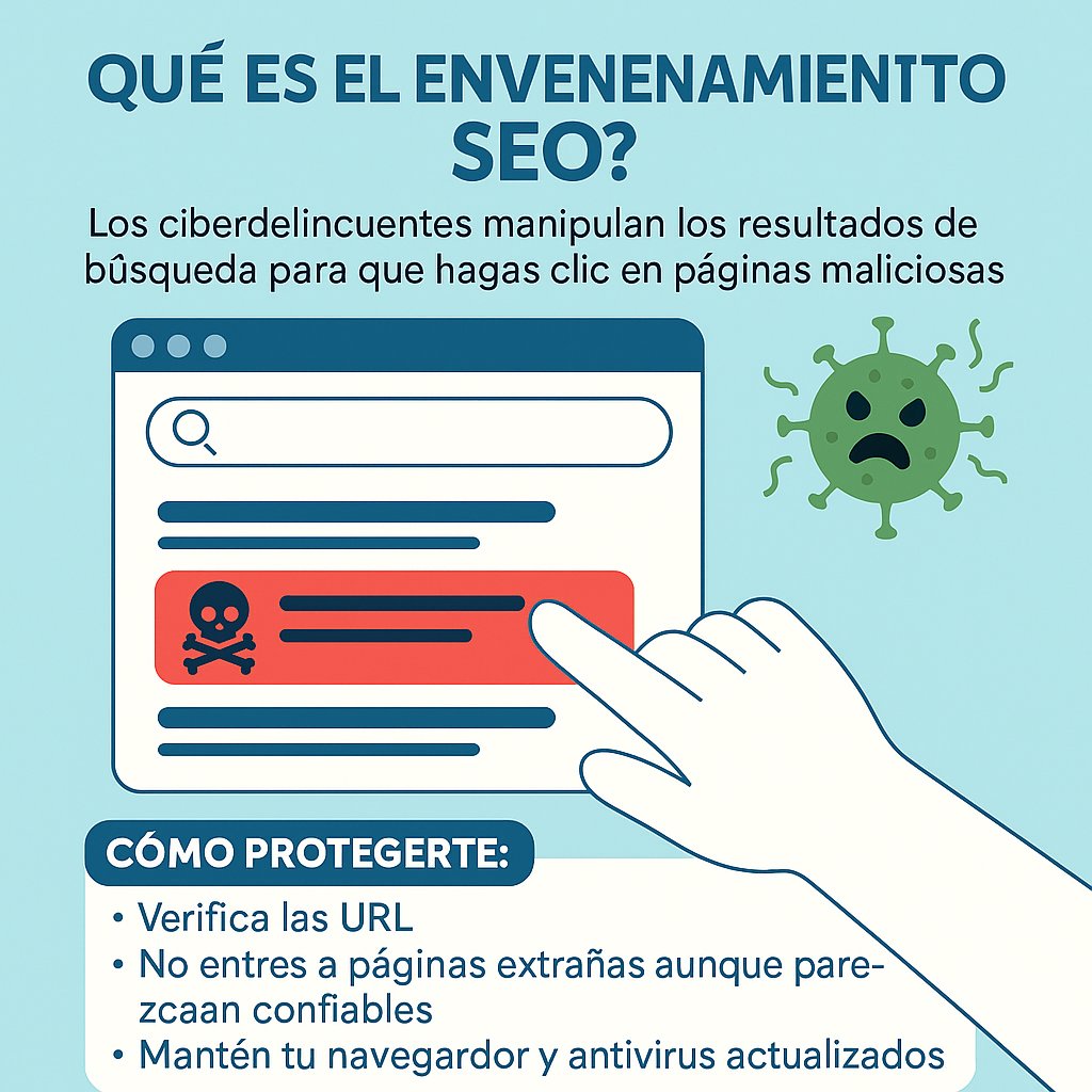 🔎 ¿Has oído hablar del envenenamiento SEO?
👉 los ciberdelincuentes manipulan resultados de búsqueda para colarte malware al hacer clic.
✅ Verifica URLs
✅ No entres a páginas extrañas aunque parezcan confiables
🛡️ Mantén tu navegador y antivirus actualizados
 #SEOPoisoning