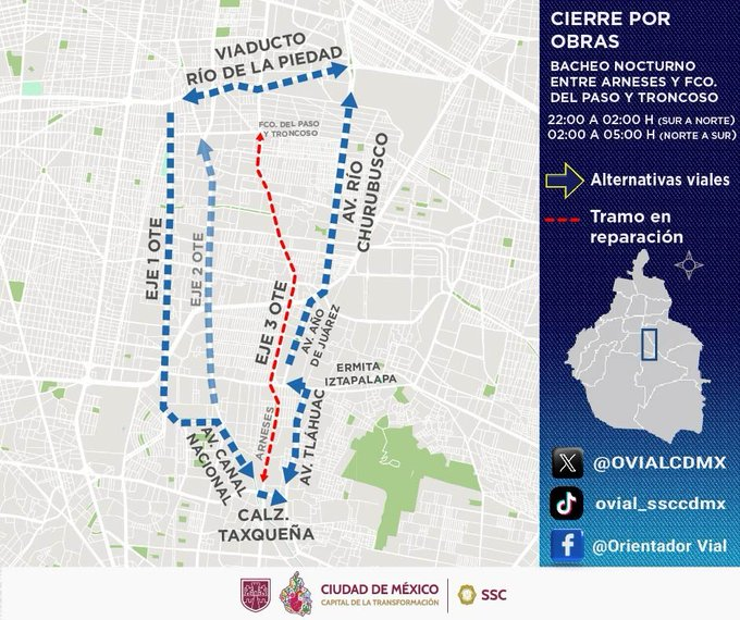 #PrecauciónVial | Considera cierre parcial 🚧sobre Eje 3 Oriente en sus diferentes nombres zona Oriente: Arneses, Av. 5 y Francisco del Paso y Troncoso, debido al programa #BacheoNocturno 📷desde las 22:00 horas hasta las 02:00 horas de Sur a Norte y de 02:00 horas a 05:00 horas