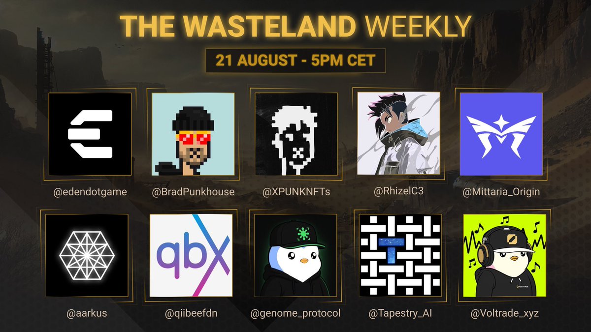 EDEN (@edendotgame) on Twitter photo We hope to see you tomorrow at 5PM CET, for another Wasteland Weekly!
We’ll be joined by:
<a href="/aarkus/">Aarkus Intelligence</a>
<a href="/qiibeefdn/">qiibee foundation</a>
<a href="/genome_protocol/">Genome</a>
<a href="/Tapestry_AI/">Tapestry AI</a>
<a href="/Voltrade_xyz/">Voltrade.xyz</a>
<a href="/Mittaria_Origin/">Mittaria 💫</a>
🎁 Like, RT & Comment for a chance to join our special giveaway
🎤SET REMINDERS: x.com/i/spaces/1vOxw… We hope to see you tomorrow at 5PM CET, for another Wasteland Weekly!
We’ll be joined by:
<a href="/aarkus/">Aarkus Intelligence</a>
<a href="/qiibeefdn/">qiibee foundation</a>
<a href="/genome_protocol/">Genome</a>
<a href="/Tapestry_AI/">Tapestry AI</a>
<a href="/Voltrade_xyz/">Voltrade.xyz</a>
<a href="/Mittaria_Origin/">Mittaria 💫</a>
🎁 Like, RT & Comment for a chance to join our special giveaway
🎤SET REMINDERS: x.com/i/spaces/1vOxw…