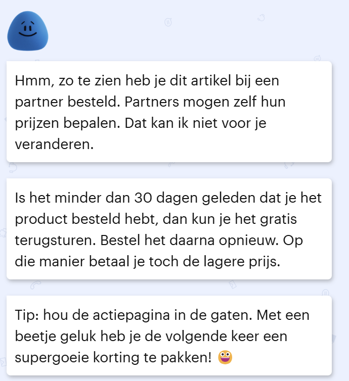 ZeusOosterbeek's tweet photo. Blijkbaar kan het systeem van @bol_com het niet aan om geld terug te geven (bij een goedkoper geworden artikel) van artikelen die van partners komen.
Hun oplossing: Niet de systemen aanpassen, maar terugsturen (is "gratis" bij bol) en opnieuw bestellen. Goed voor de planeet, he? https://t.co/M4OXTE0d9x