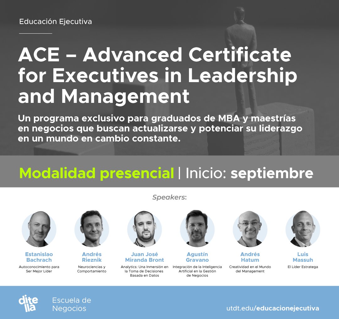 En Septiembre empieza un programa de Educación Ejecutiva en la <a href="/utditella/">Universidad Torcuato Di Tella</a>, llamado ACE: "Advanced Certificate for Executives in Leadership and Management". El 7/11 voy a dar con Pía Torres y Romina Fairbairn una jornada dedicada a la Integración de la IA en la Gestión de Negocio.