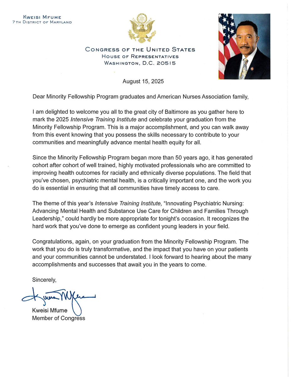 Honored to share a message from Rep. Kweisi Mfume, welcoming the 2025 MFP Intensive Training Institute to Baltimore &amp; congratulating our graduates.

Your leadership is advancing #mentalhealthcare for all communities nationwide.