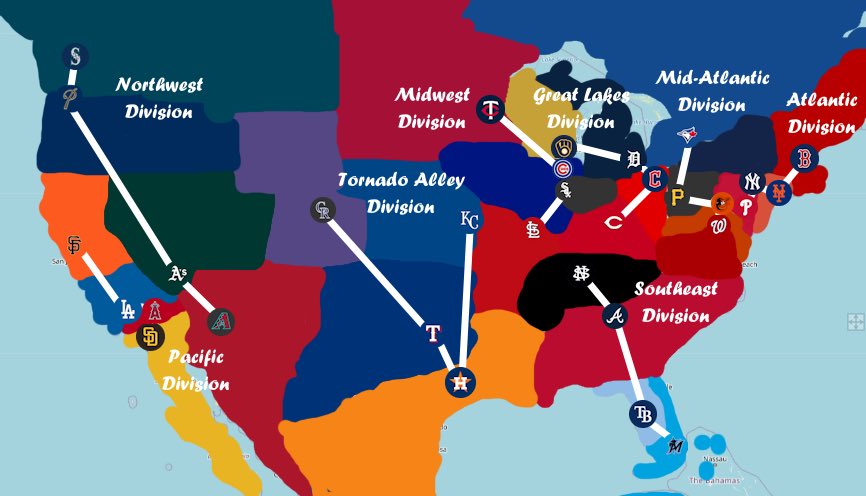 Everyone’s making #MLB Division Re-Alignment maps and charts, I will too. Here’s mine! 

- Opted for Eastern / Western Conference
- Tornado Alley and Central Division are interchangeable
- Portland Beavers &amp; Nashville Stars as Expansion teams.