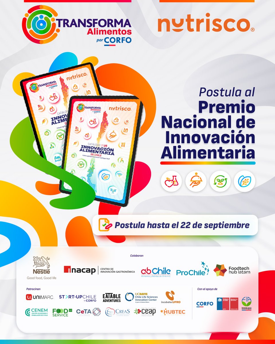 🚀 Sé parte de esta iniciativa sectorial única, que reconocerá a las mejores innovaciones de la industria de alimentos del país.

Revisa las bases, los beneficios y postula en👉innovacionalimentaria.cl

El plazo vence el 22 de septiembre de 2025

¡No pierdas esta gran oportunidad!