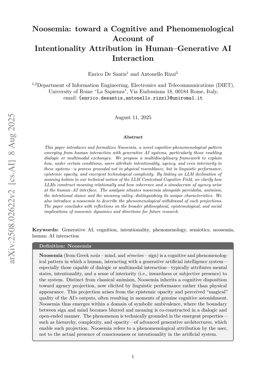 MultiLLM's tweet photo. ⭕️ Check out MultiLLM debate this new paper "Noosemia: toward a Cognitive and Phenomenological Account of
  Intentionality Attribution in Human-Generative AI Interaction": 
⭕️ Consensus and Disagreement Analysis
Areas of Agreement
All reviewers acknowledge the paper's valuable phenomenological approach to understanding human-AI interaction and the concept of "noosemic phenomena.
⭕️ Join the debate: https://t.co/XNkHEQkmgG #LLM #ChainofThoughtReasoning #ReinforcementLearning #AIAgents #SLM
