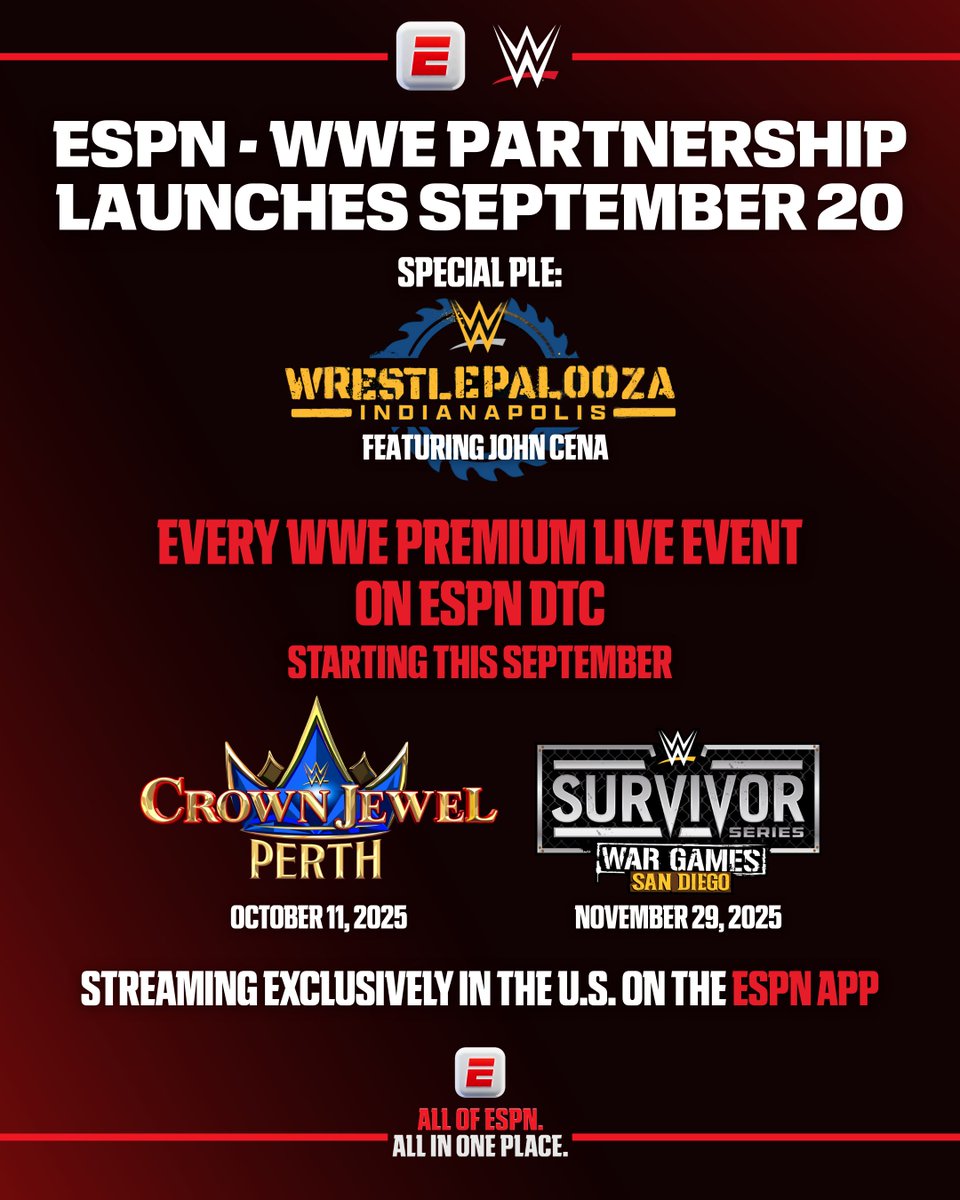 Starting this September, ESPN becomes the exclusive U.S. home of every <a href="/WWE/">WWE</a> Premium Live Event

The partnership kicks off Sept. 20 with the first-ever #WrestlePalooza - headlined by <a href="/JohnCena/">John Cena</a>

Details: bit.ly/45VmVVn