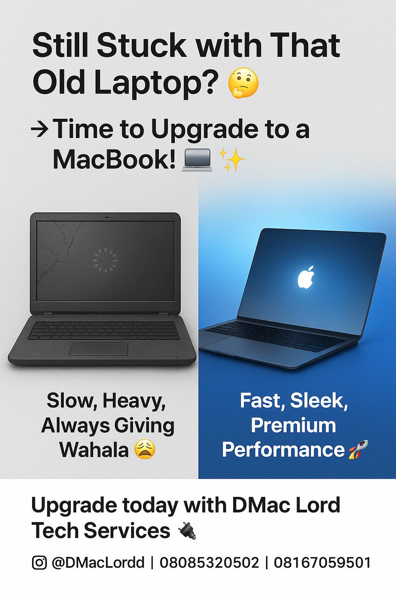 D_mac_lord's tweet photo. Still stuck with that old, wahala laptop? 😩
Time to level up! 💻
Get a sleek MacBook with DMac Lord Tech Services 🚀
📲 @DMacLord | 08085320502 | 08167059501
#DMacLord #MacBookUpgrade #TechFixNG #BBNaijaxSupaKomando https://t.co/jFZoVriCJS