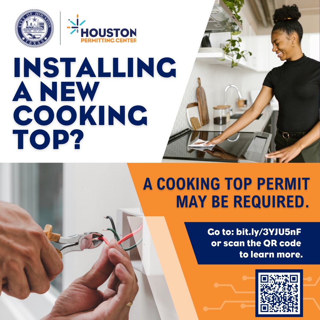 Houston Permit Cntr (@cohpermits) on Twitter photo Upgrading your kitchen with a new cooking top? A Cooking Top Permit is required if the job involves adding new outlets or circuits. Apply online <a href="/COHPermits/">Houston Permit Cntr</a>. Scan the QR code to contact Electrical Inspections or click: bit.ly/3YJU5nF #ElectricalPermit #HomeImprovement Upgrading your kitchen with a new cooking top? A Cooking Top Permit is required if the job involves adding new outlets or circuits. Apply online <a href="/COHPermits/">Houston Permit Cntr</a>. Scan the QR code to contact Electrical Inspections or click: bit.ly/3YJU5nF #ElectricalPermit #HomeImprovement