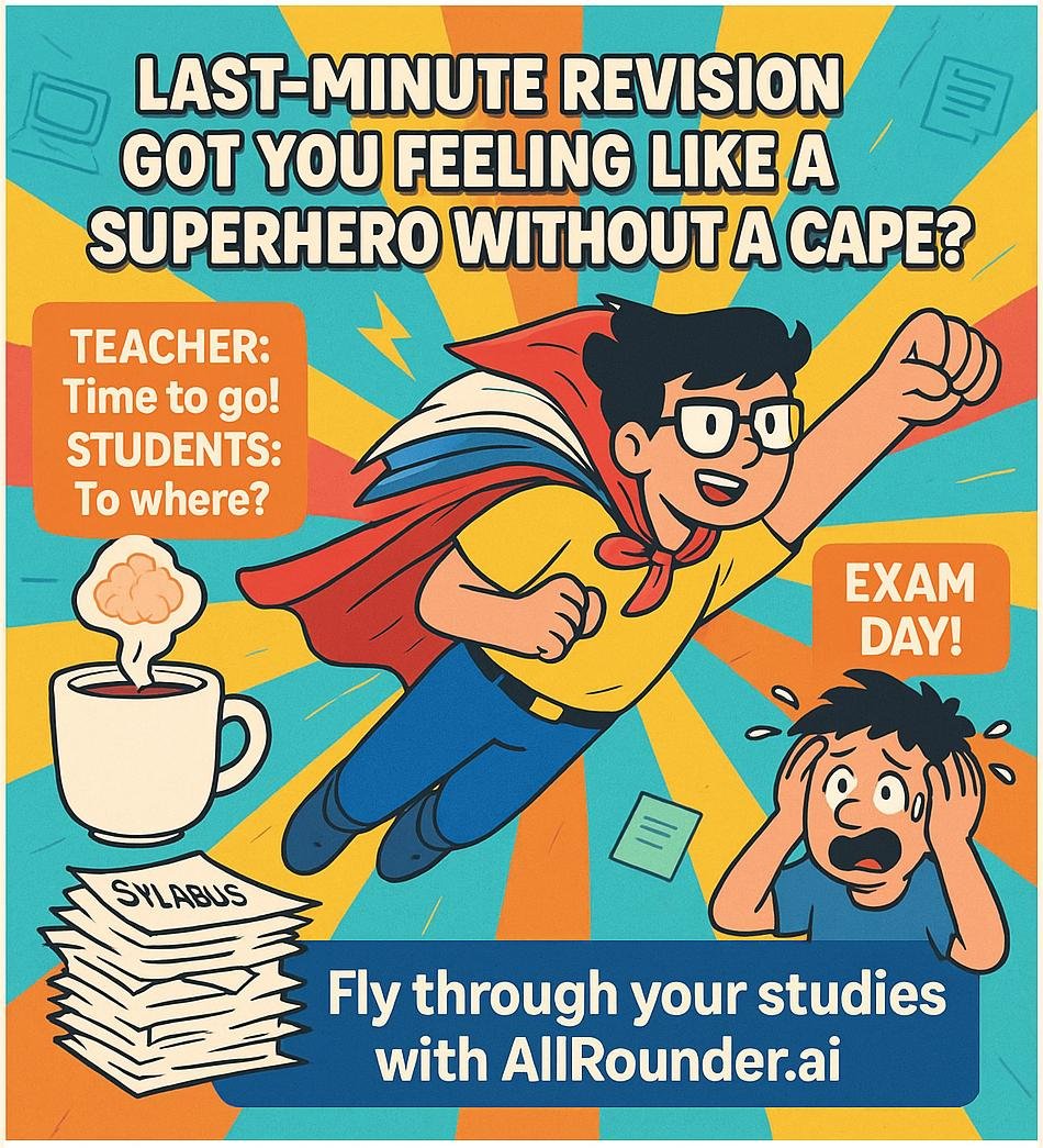 allrounder_ai's tweet image. Last-minute revision got you feeling like a superhero without a cape? 🦸♀️ Fly through your studies with AllRounder.ai! Master subjects effortlessly and make learning fun again. Your smart learning companion awaits! 🚀
#StudySmart #AllRounderAI #MakeLearningFun