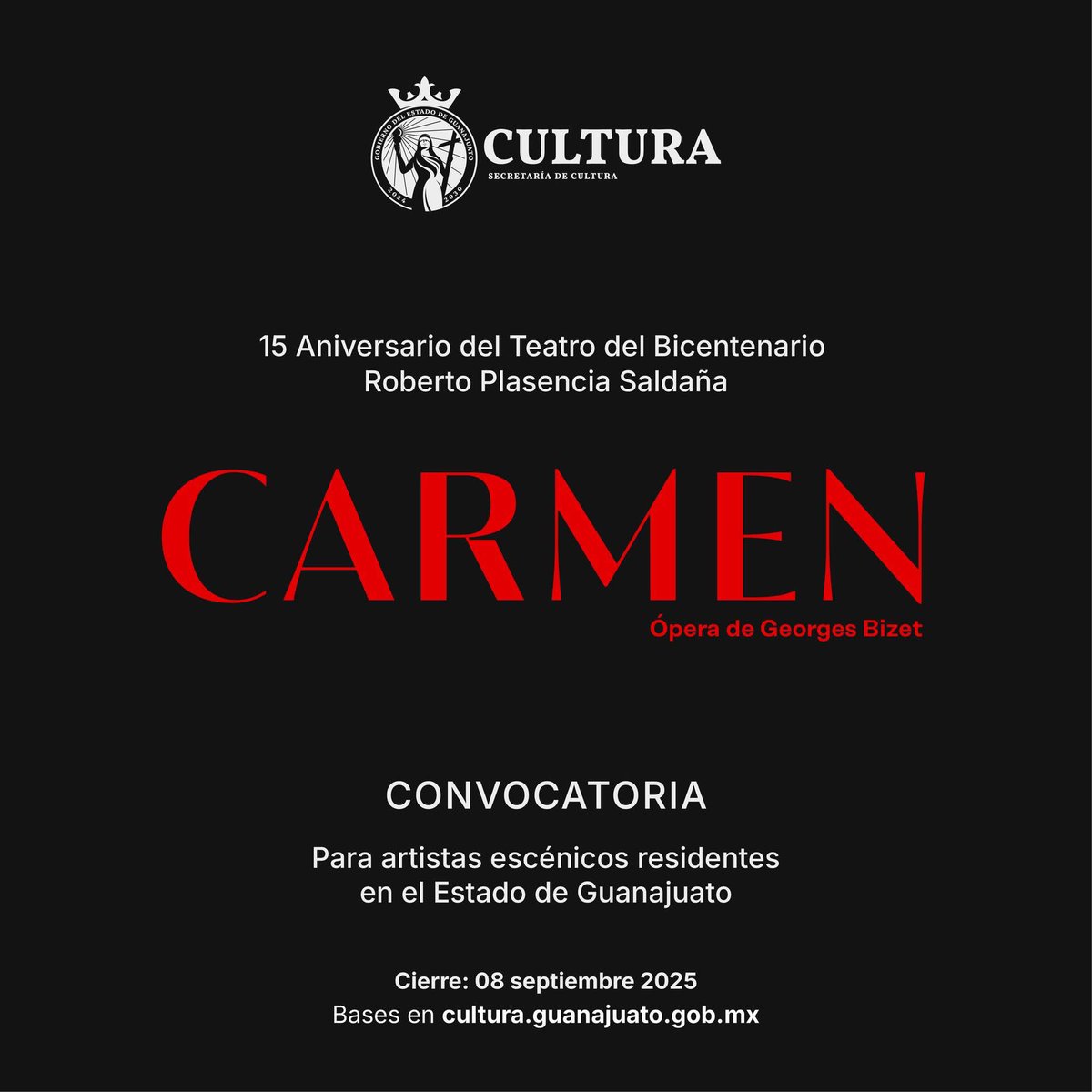 ¡Convocatoria abierta!

El Teatro del Bicentenario Roberto Plasencia Saldaña celebra su 15 aniversario con una nueva mirada sobre Carmen, la icónica ópera de Georges Bizet 

Buscamos artistas escénicos residentes en Guanajuato que deseen formar parte de este montaje contemporáneo