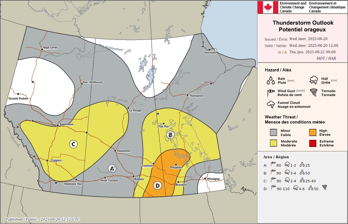 ECCCWeatherAB's tweet image. Severe thunderstorms are possible across central and southern AB today. Storms will form this afternoon along the Foothills & on a cold front/trough near the SK border and will track to the east in the evening hours. #abstorm