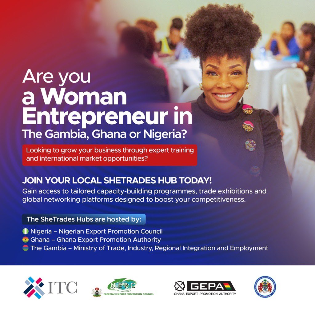 ITC_Gambia's tweet photo. Empowering women-led businesses is key to driving economic growth.

Through @ITC_SheTrades, we support women to access markets, capacity building &amp; networking opportunities.

Gambian women-led businesses can join SheTrades Gambia Hub by registering here: https://t.co/Am2X167TMJ https://t.co/KhZEzch1B5
