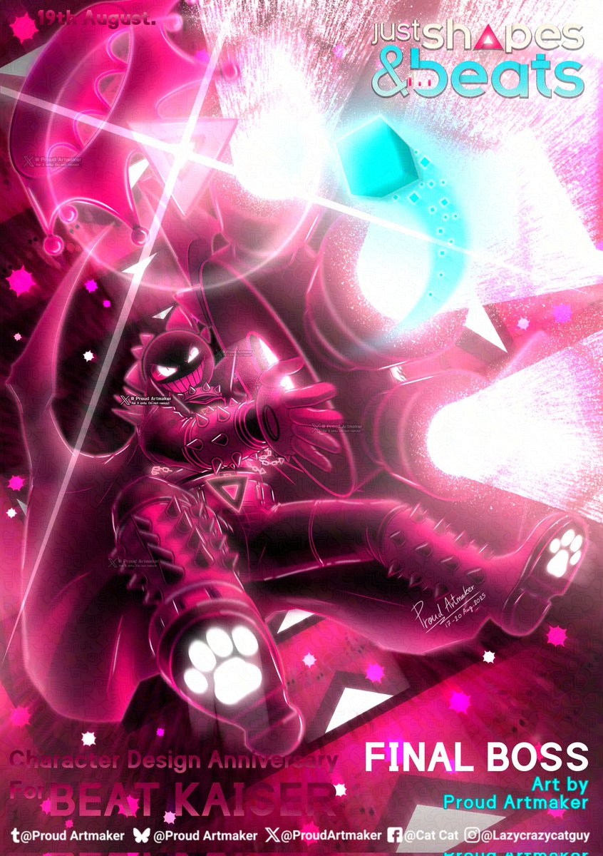 ProudArtmaker's tweet image. Happy Character Design Anniversary for my JSAB AU Character &quot;Beat Kaiser&quot; 🐈‍⬛👑
I&apos;m late. (He was born on 19th Aug. 2019)

I drew the scene where he chases the player up the tower. 
#JSAB #JustShapesAndBeats #Finalboss