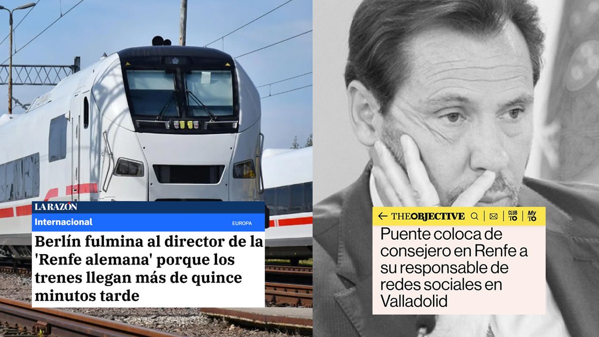 En Alemania destituyen al director de la "Renfe Alemana" porque los trenes llegan más de 15 minutos tarde.

Oscar Puente sitúa como consejero de Renfe a su responsable de redes sociales en Valladolid

El Socialismo no es gestión, es ideología.