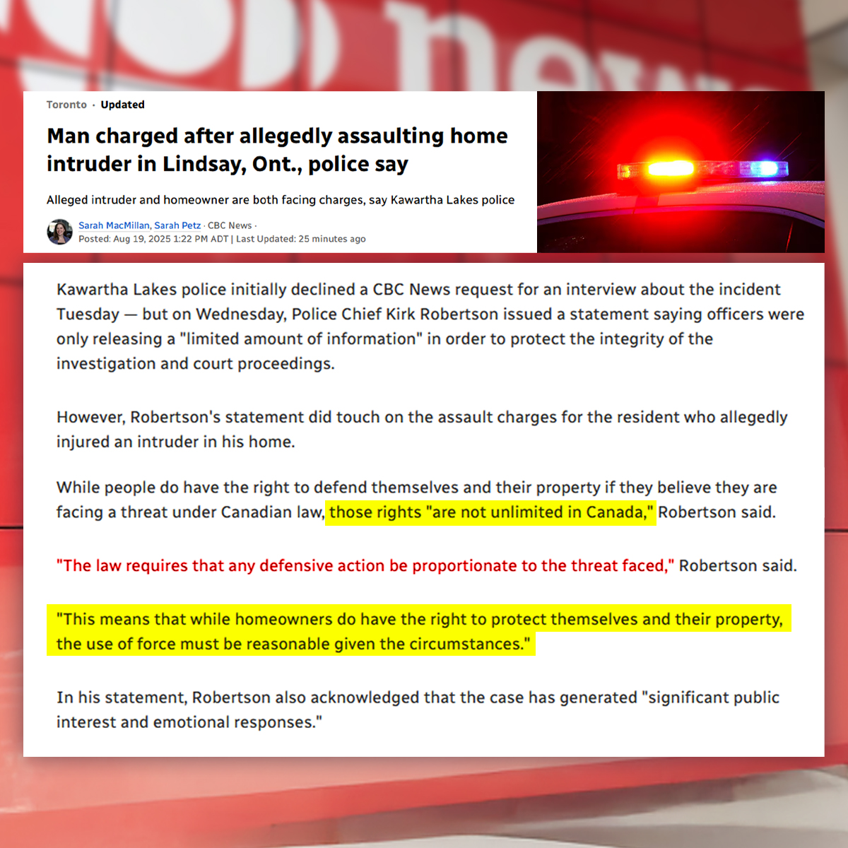 CCFR/CCDAF (@ccfr_ccdaf) on Twitter photo UPDATE: In a statement provided to CBC News, Kawartha Lakes Police Chief "touches on the assault charge" handed out to the home owner, after he was the victim of a home invasion in Lindsay, ON.
Read More via @SarahRosePetz & <a href="/Sarah_MacMillan/">Sarah MacMillan</a>: cbc.ca/news/canada/to… #cdnpoli UPDATE: In a statement provided to CBC News, Kawartha Lakes Police Chief "touches on the assault charge" handed out to the home owner, after he was the victim of a home invasion in Lindsay, ON.
Read More via @SarahRosePetz & <a href="/Sarah_MacMillan/">Sarah MacMillan</a>: cbc.ca/news/canada/to… #cdnpoli