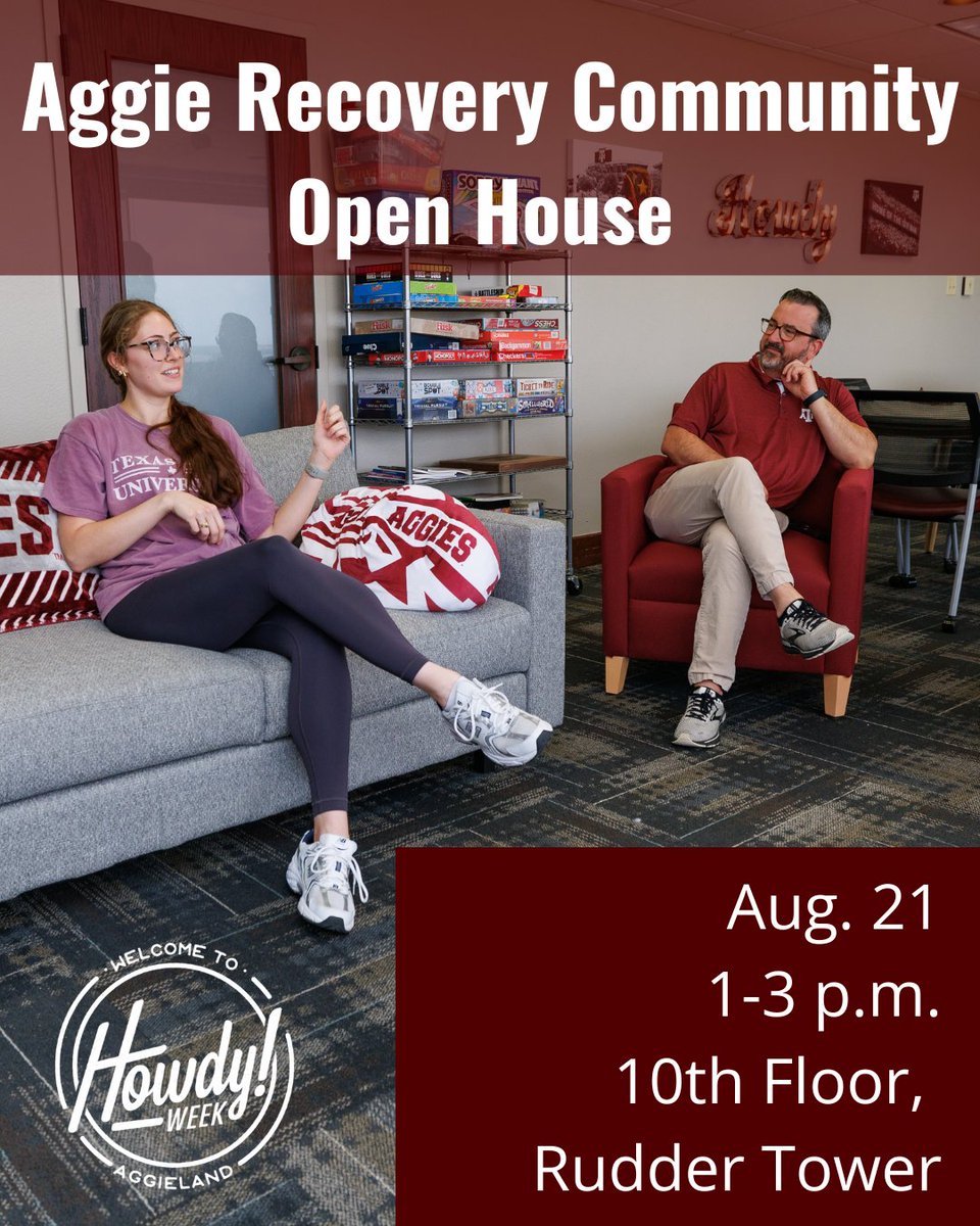 Texas A&M University Health Services (@tamuuhs) on Twitter photo Join us tomorrow for the Aggie Recovery Community Open House from 1-3 p.m. on the 10th floor of Rudder Tower. Grab a refreshment and learn how #tamuuhs supports students in recovery.
tx.ag/UHShowdyweek
<a href="/NSFPtamu/">Texas A&M New Student & Family Programs</a> #HowdyWeek #AggieLife #StudentWellness Join us tomorrow for the Aggie Recovery Community Open House from 1-3 p.m. on the 10th floor of Rudder Tower. Grab a refreshment and learn how #tamuuhs supports students in recovery.
tx.ag/UHShowdyweek
<a href="/NSFPtamu/">Texas A&M New Student & Family Programs</a> #HowdyWeek #AggieLife #StudentWellness